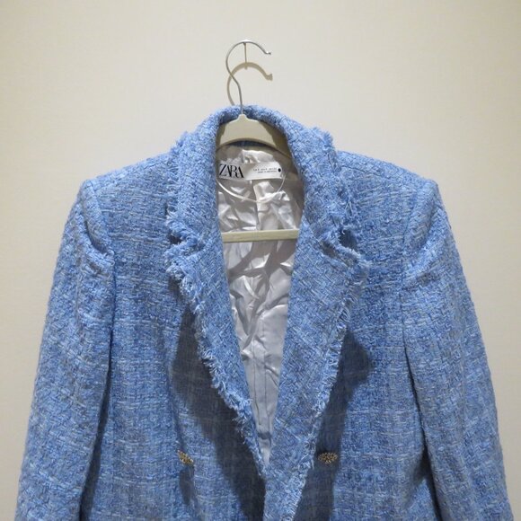 ZARA Pastel Blue Tweed Textured Jewel Button Blazer Blogger Favorite Preppy - Picture 5 of 15